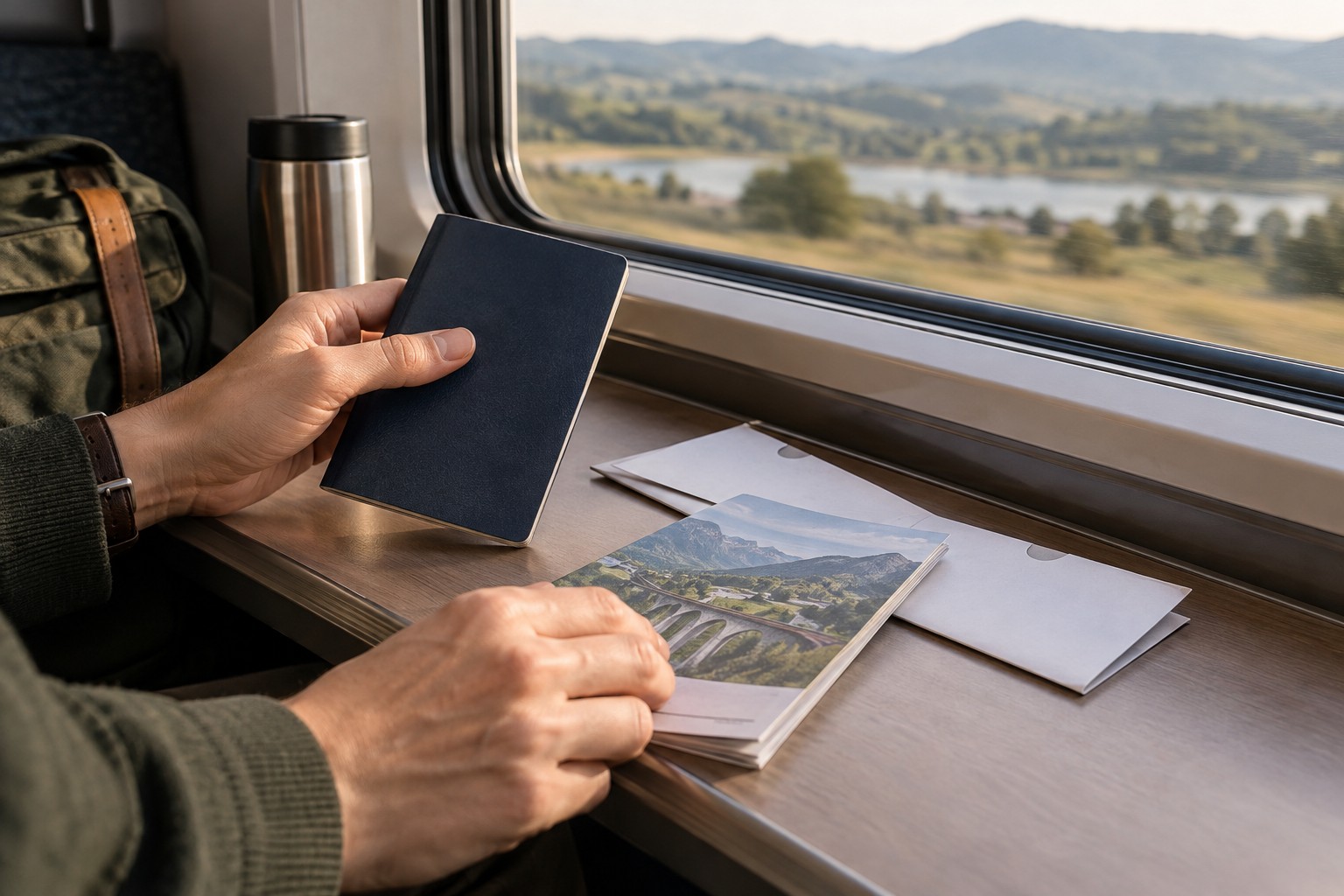 Reisedokumente und Umschläge auf einem Zugtisch