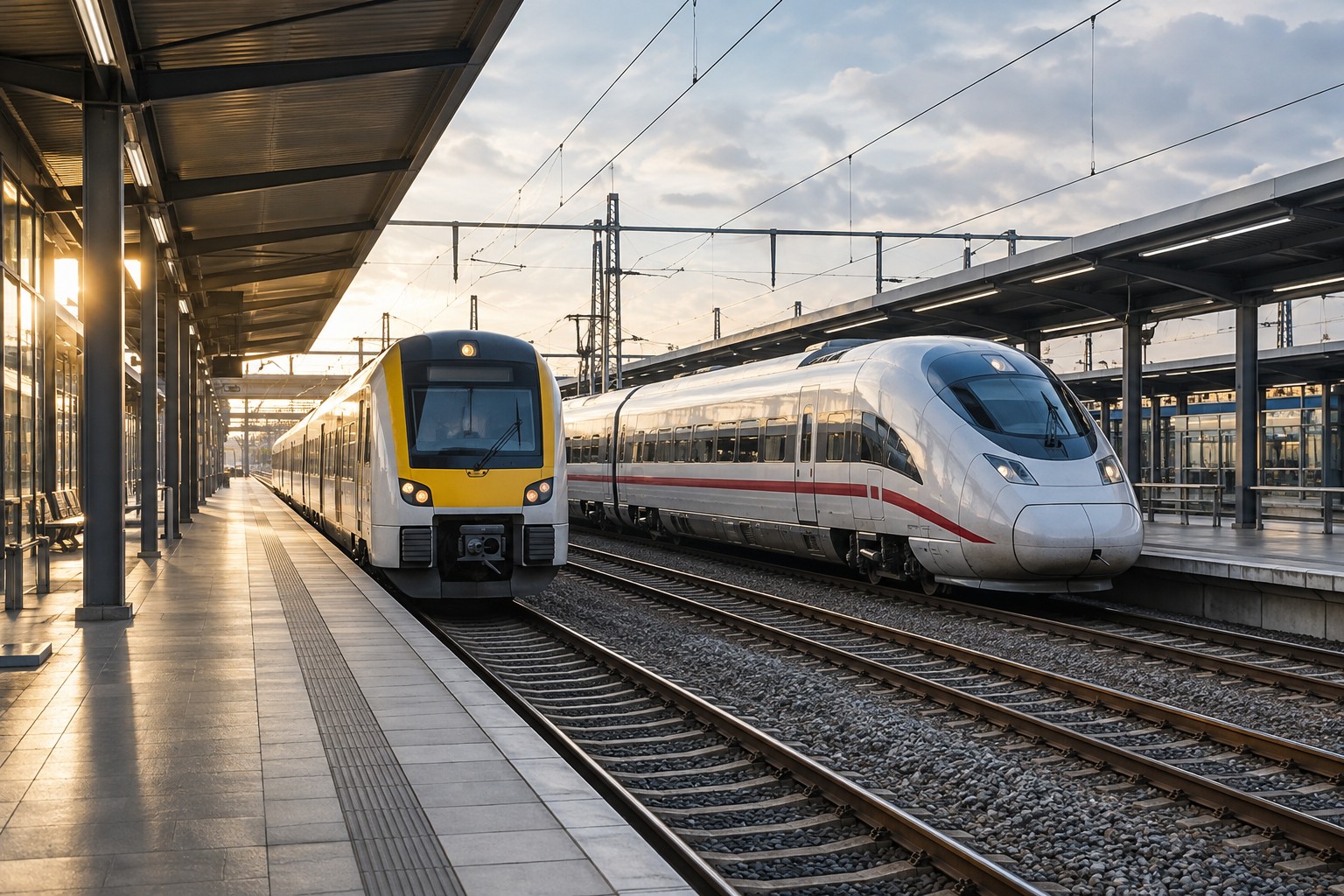 Nahverkehrs- und Fernzug an benachbarten Bahnsteigen, illustrative Szene