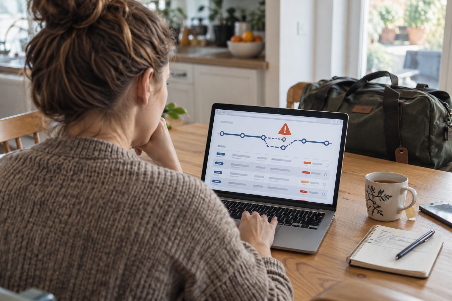 Laptop mit schematischer Bahnverbindung neben gepackter Reisetasche