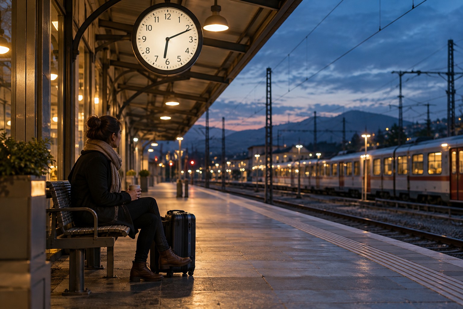 Wartender Reisender mit Koffer unter einer Bahnhofsuhr am Abend