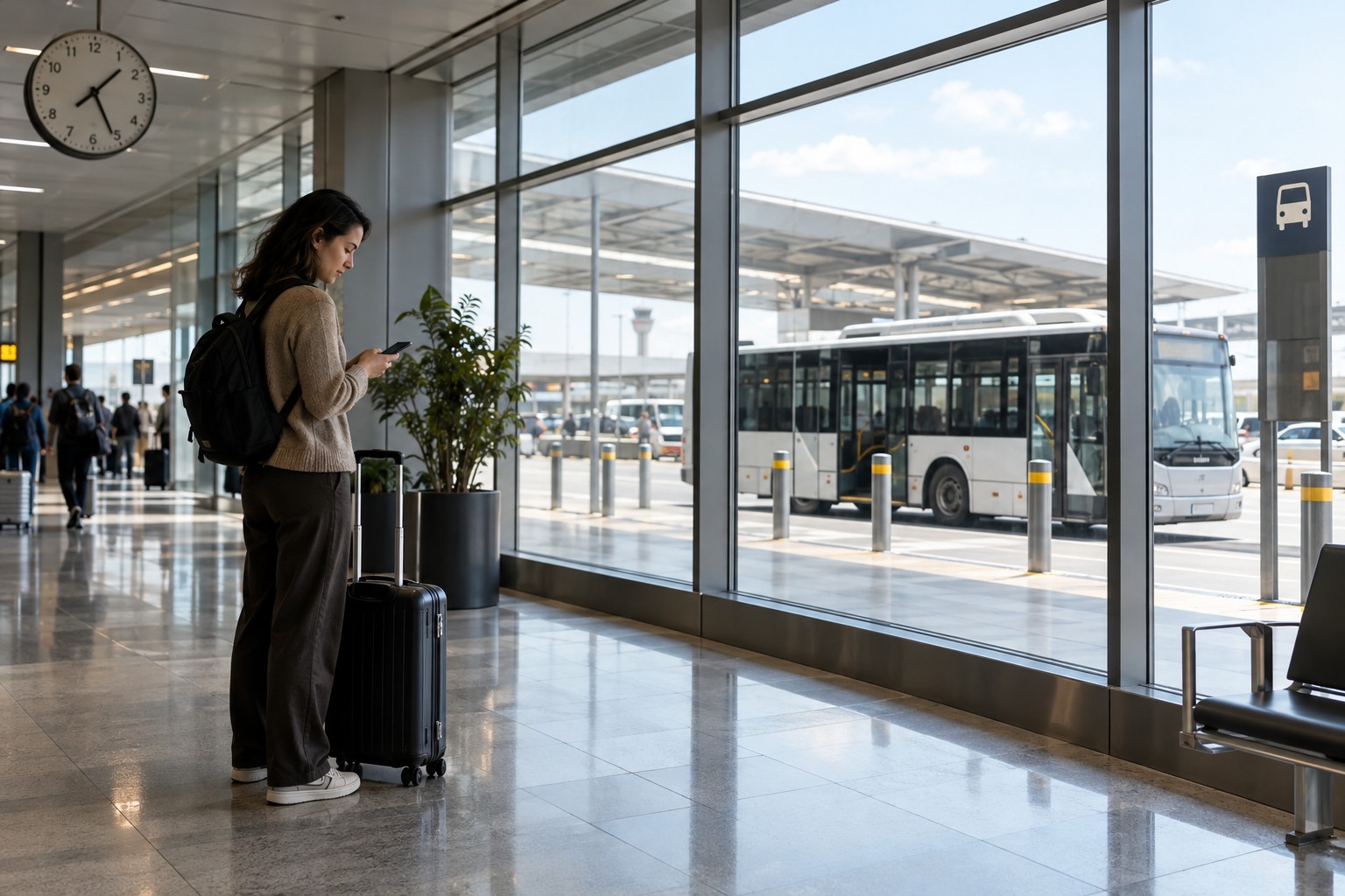 Reisender mit Koffer prüft sein Telefon vor einem Flughafen-Shuttlebus