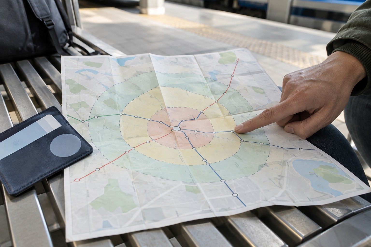 Hand zeigt auf die Grenze zweier farbiger Tarifzonen einer schematischen Karte