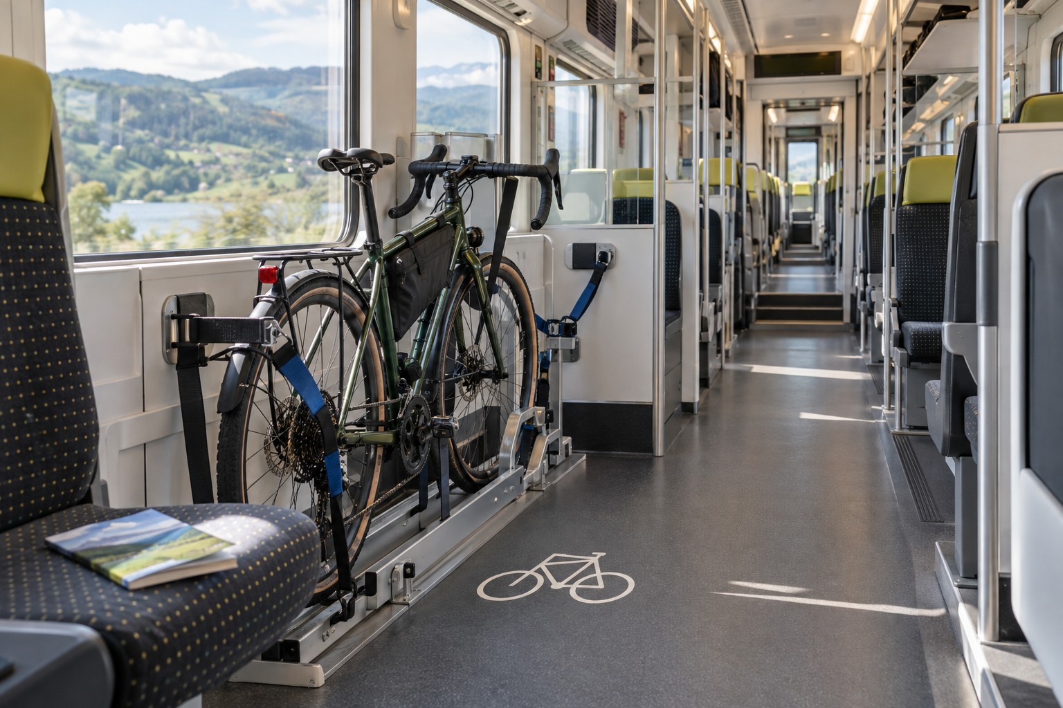 Fahrrad in einem dafür vorgesehenen Zugabteil mit freiem Gang