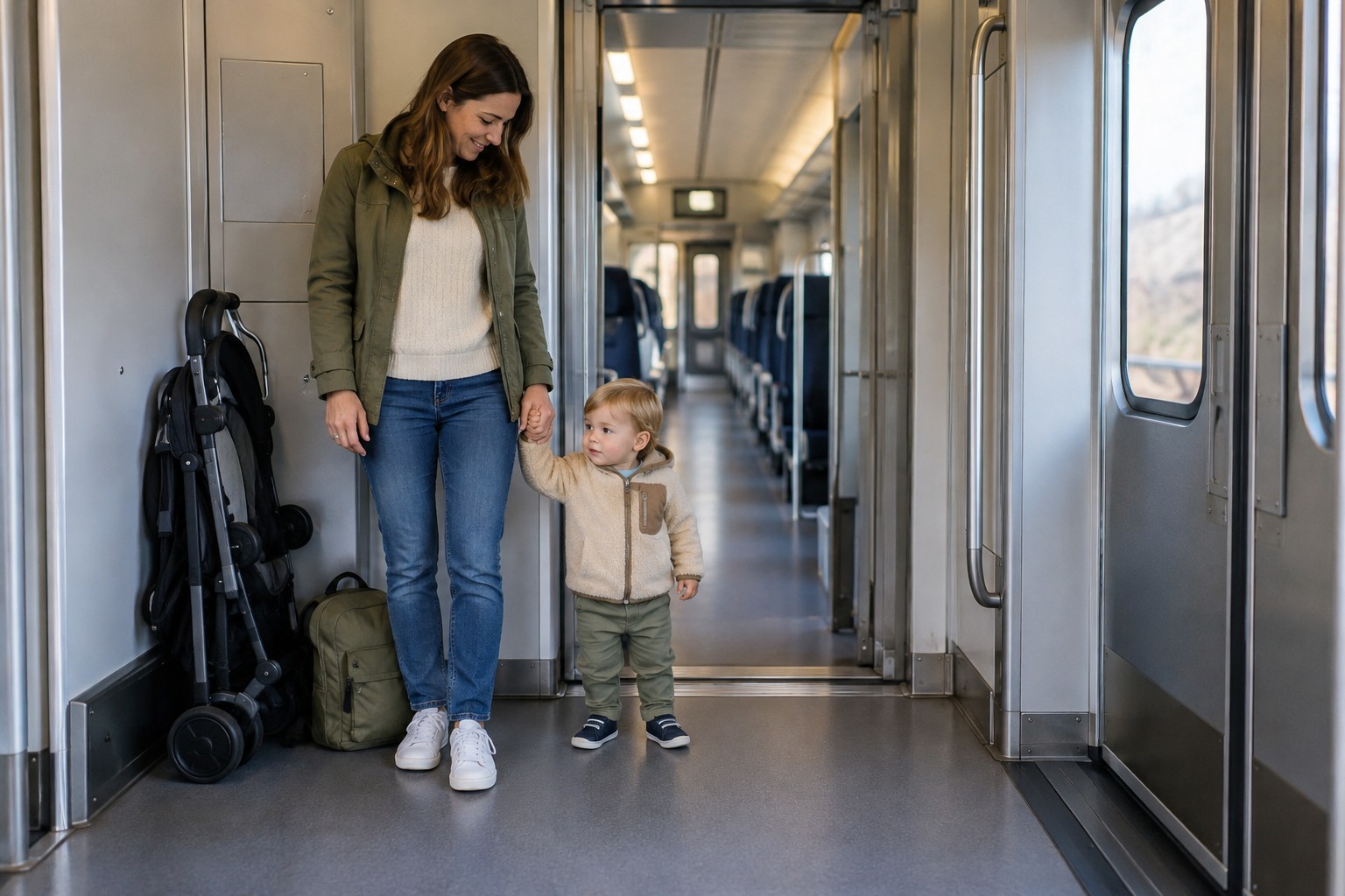 Elternteil mit Kind und zusammengeklapptem Kinderwagen im Zug