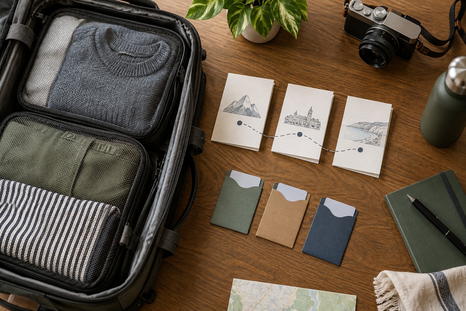 Drei Unterkunftskarten neben einer geöffneten Reisetasche und einer Routenzeichnung