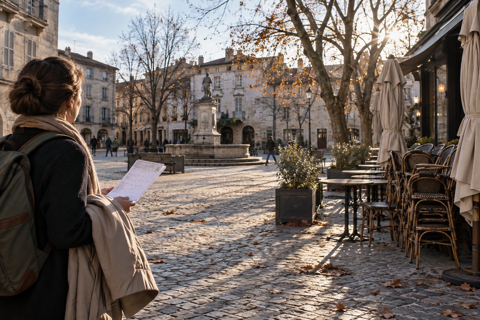 Ruhiger Stadtplatz mit tiefem Herbstlicht und teilweise gestapelten Café-Stühlen