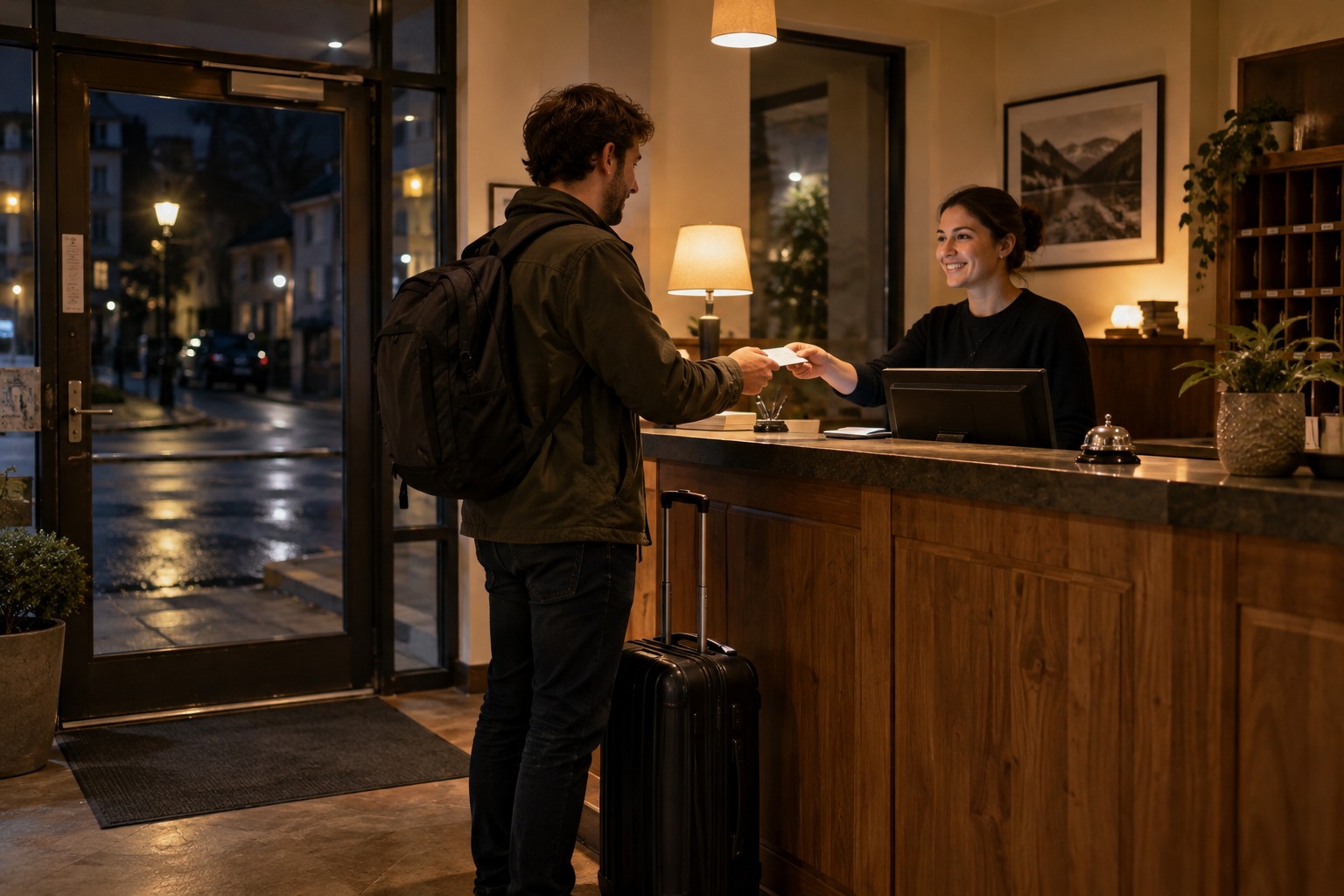 Späte Ankunft an einer beleuchteten Hotelrezeption mit Rollkoffer