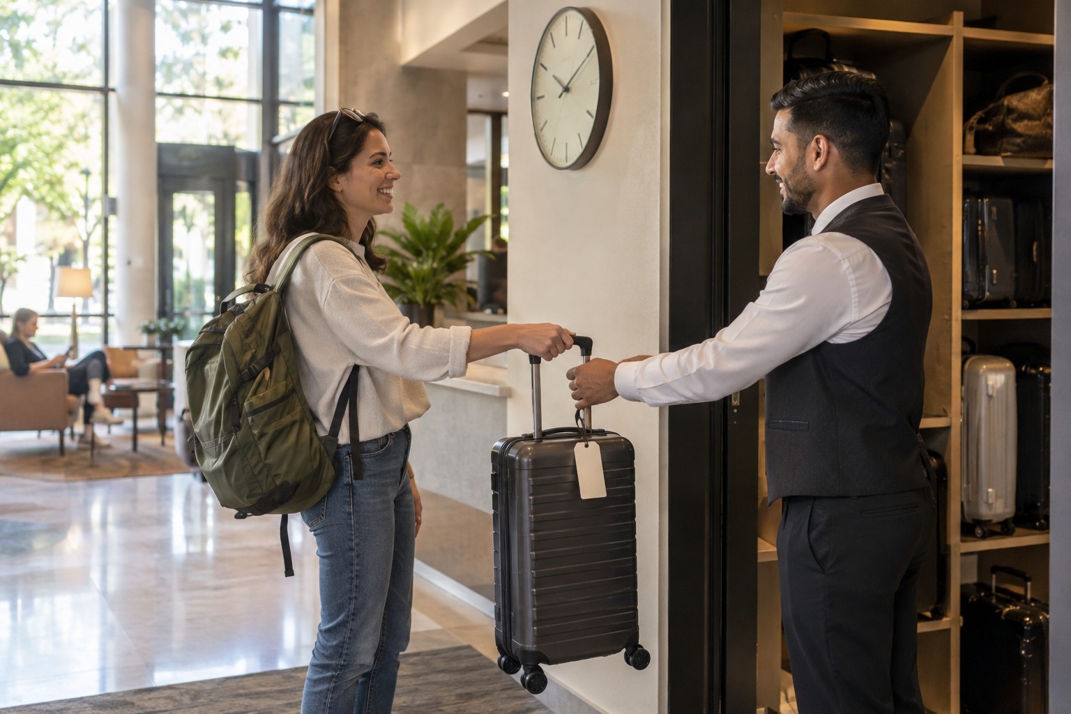 Kofferübergabe zur Aufbewahrung in einer Hotellobby
