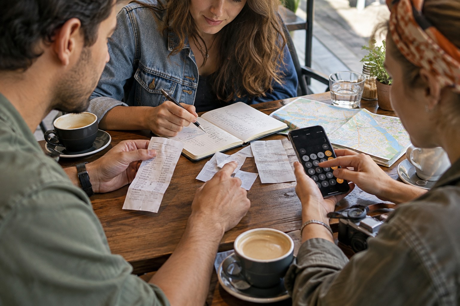 Drei Freunde vergleichen Belege und eine Ausgabenliste am Café-Tisch