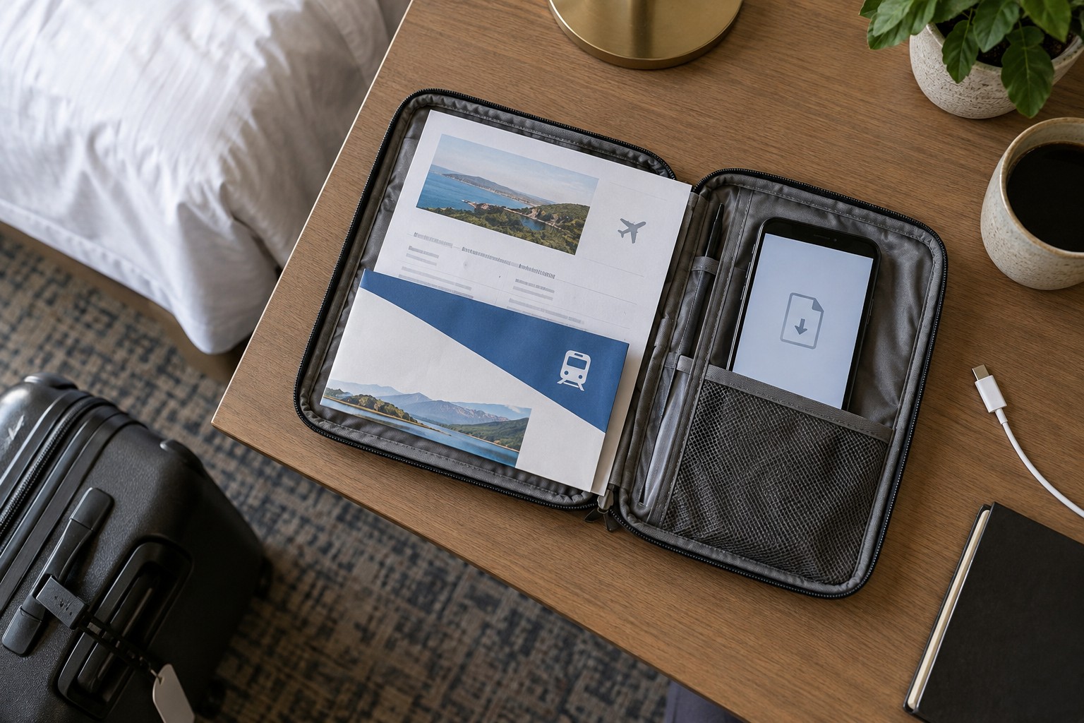 Dokumententasche mit Papierunterlagen und Smartphone mit Download-Symbol