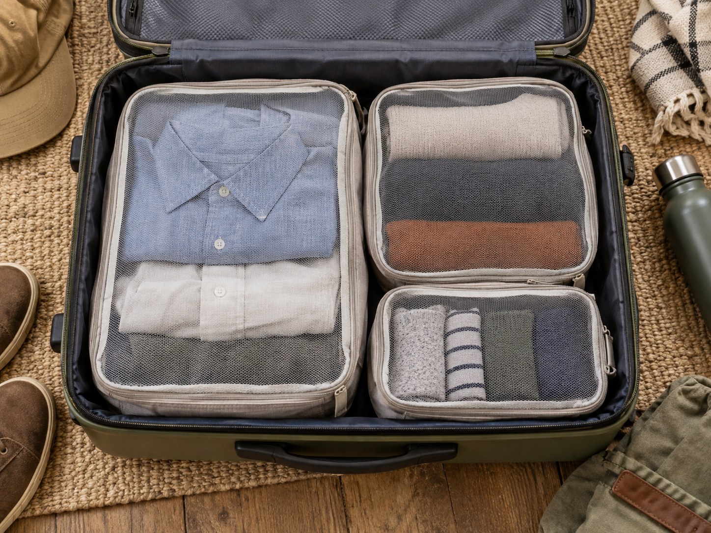 Packwürfel mit gefalteter Kleidung im geöffneten Koffer