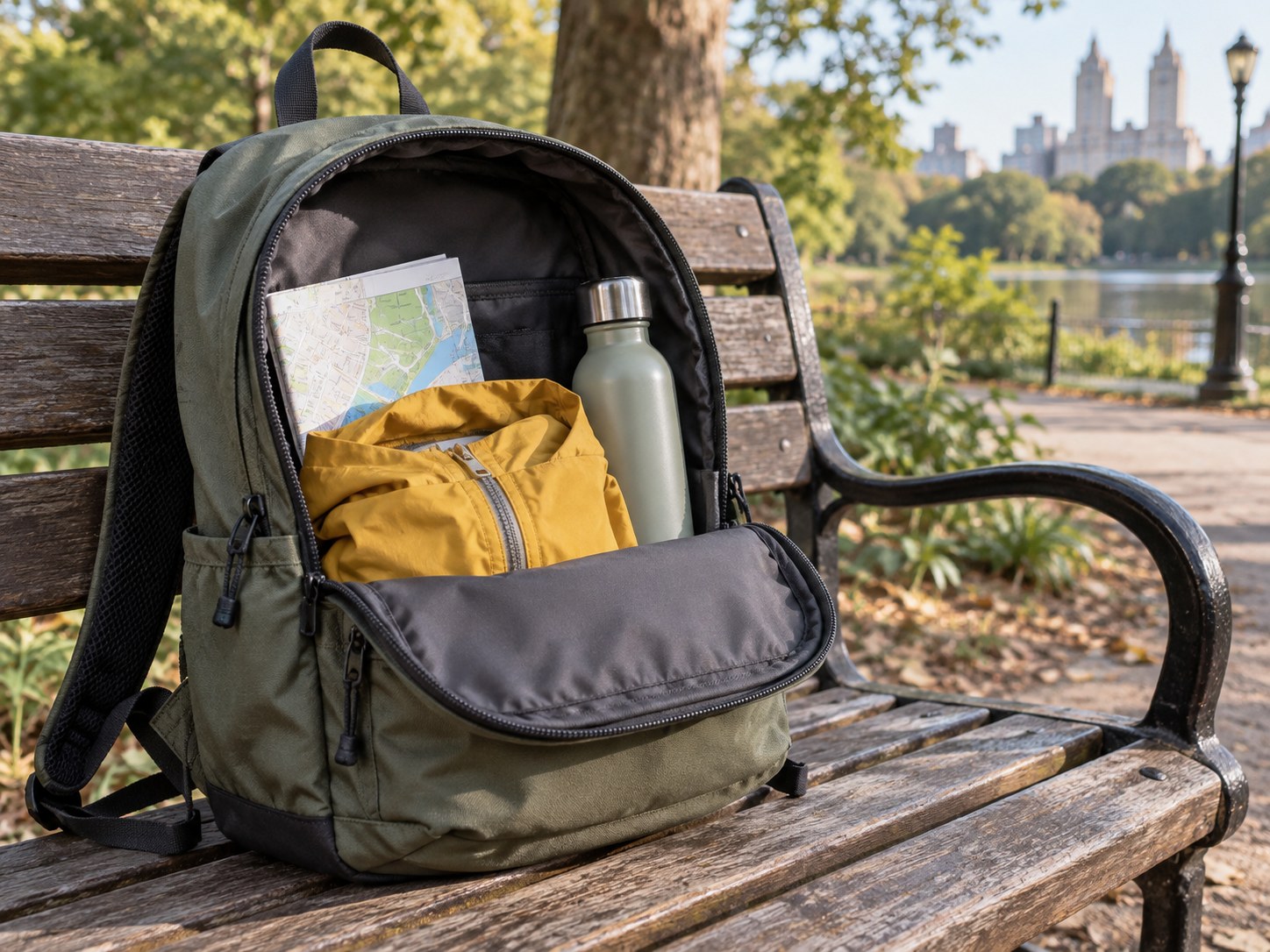 Kleiner Tagesrucksack mit Jacke und Trinkflasche auf einer Bank