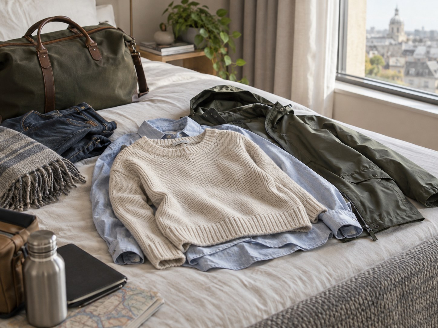 Leichter Pullover, Hemd und Regenjacke für eine Reise
