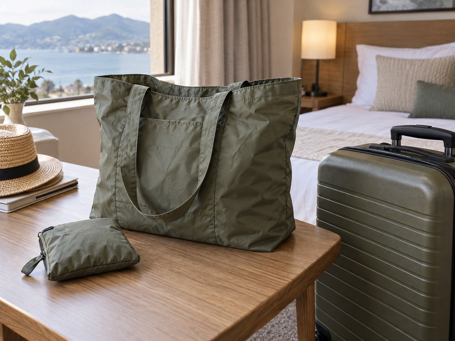 Faltbare Zusatztasche neben ihrer kleinen Packhülle
