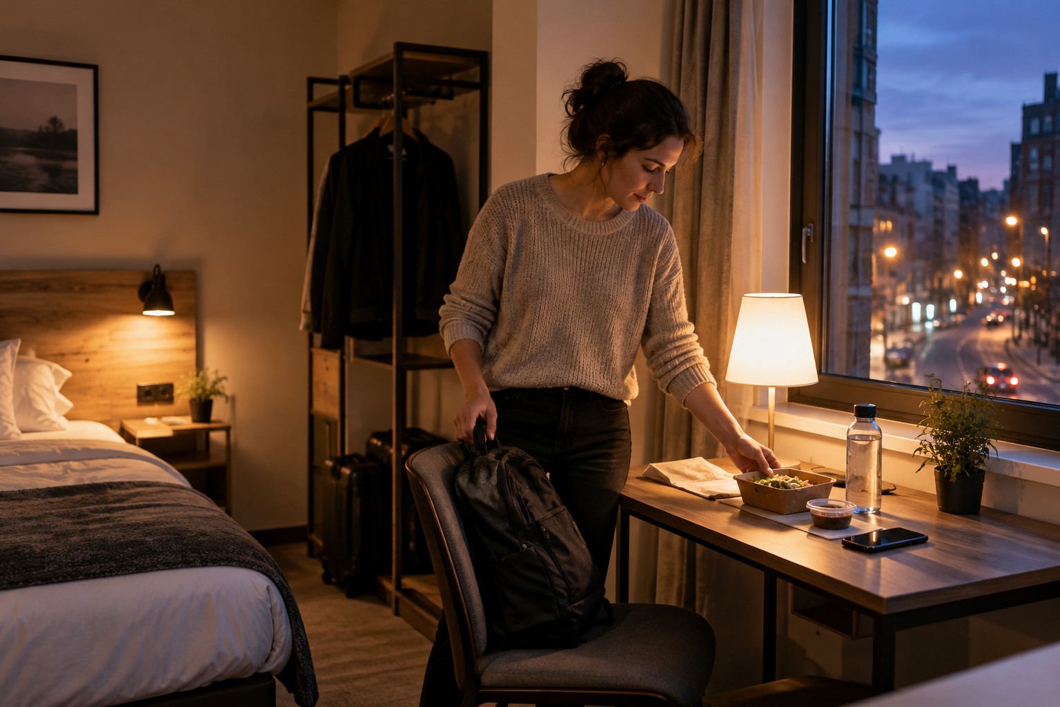 Alleinreisende Person richtet eine einfache Mahlzeit in ihrem Zimmer her