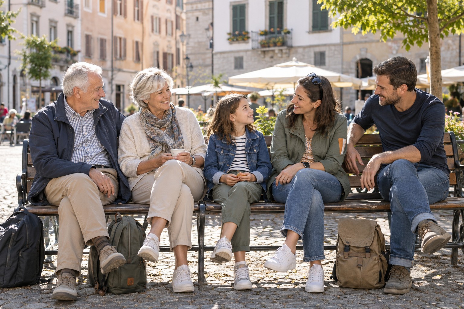Mehrgenerationenfamilie macht eine Pause auf Bänken an einem Stadtplatz
